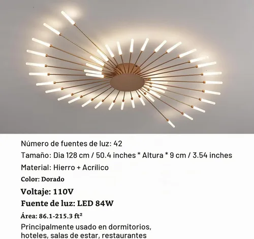 Vista 7 de Lámpara de techo LED moderna, con forma de flor de 42 cabezales, accesorios de iluminación para sala de estar, lámpara de montaje empotrado Oro 50.4