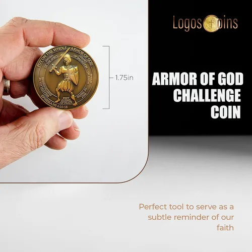 Vista 3 de 1 moneda de desafío de armadura de Dios, versículo bíblico de Efesios 6:10, moneda de desafío cristiano chapada en oro antiguo de 1.75 pulgadas