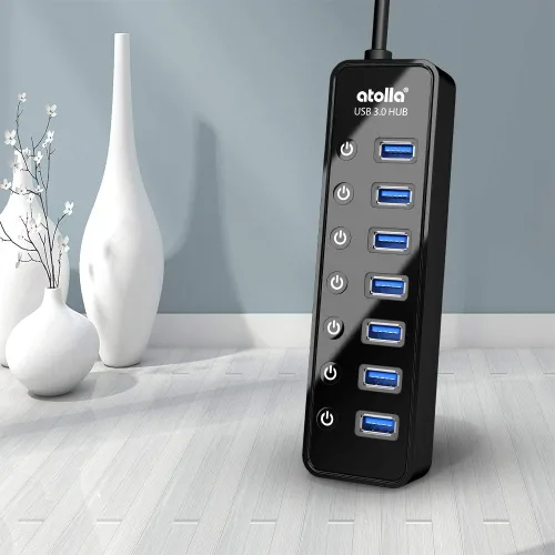 Vista 9 de Hub USB 3.0 alimentado, divisor de concentrador de datos USB de 7 puertos Atolla con un puerto de carga inteligente e interruptores individuales
