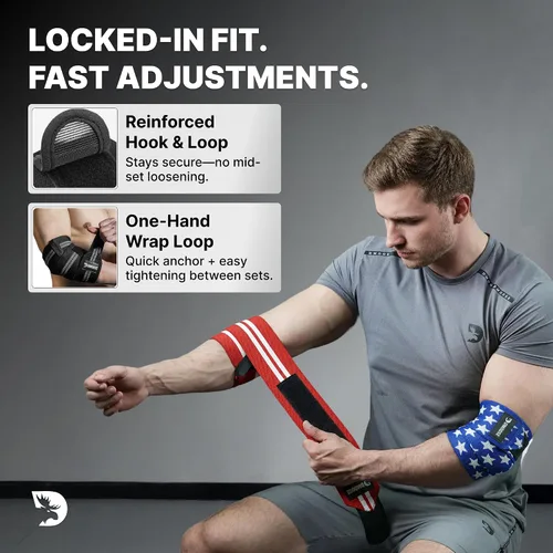 Vista 5 de DMoose Fitness Elbow Wraps for Weightlifting (Pair) - 40'' Adjustable Strap for Gym Workout & Bench Press, Compression Elbow Sleeves for Tendonitis