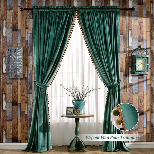Vista 2 de Melodieux Pom Poms - Cortinas de terciopelo opacas con dobladillo para cortinero para dormitorio y sala de estar, cortinas con aislamiento térmico