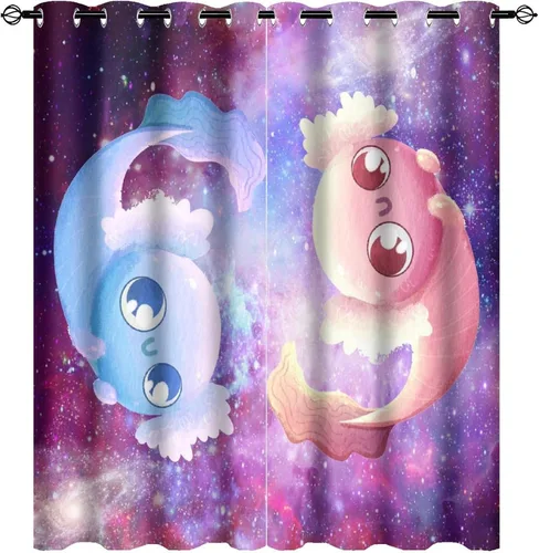 Vista 31 de Cortinas abstractas de ajolote con diseño de galaxia colorida y peces, con aislamiento térmico, oscurecimiento de habitación completa, para sala