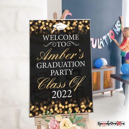 Vista 8 de Decoraciones de graduación doradas, 2021 banderas y letreros personalizados para graduación, decoraciones de fiesta de grado, decoración de fiesta