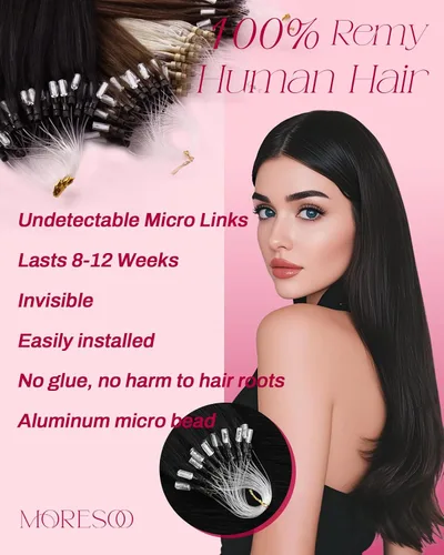 Vista 2 de Moresoo - Extensiones de cabello con microanillo, 100 % cabello humano real, pelo suave, 1.76 oz-50 g/50s