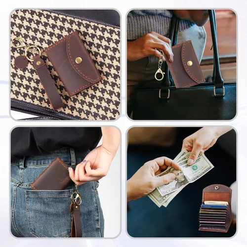 Vista 6 de Cartera de cuero genuino para tarjetas de crédito, organizador de tarjetas de crédito para mujeres y hombres, monedero pequeño llavero, Café, Simple