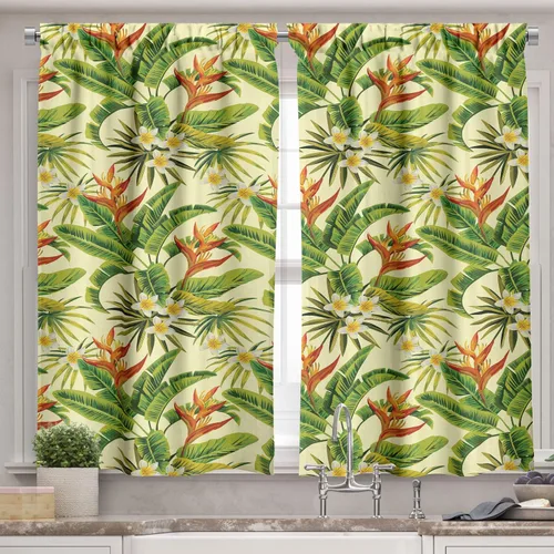 Vista 2 de Ambesonne Juego de 3 cenefas tropicales y cortinas de nivel, flores exóticas de plumeria y hojas de palmera sobre fondo crema, flora hawaiana
