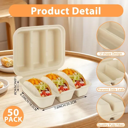 Vista 2 de JMIATRY 50 soportes desechables para tacos con tapas, platos desechables para tacos con 3 compartimentos, divisores de fibra de pulpa, desechables
