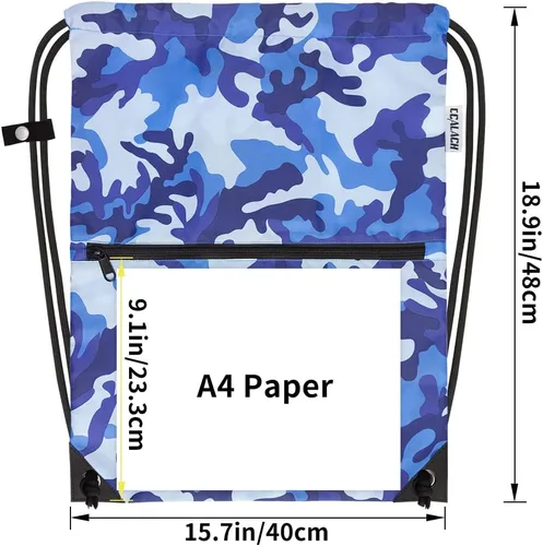 Vista 2 de Mochila deportiva con cordón, bolsa de gimnasio para yoga, viajes, para mujeres y hombres, tamaño grande con bolsillos con cremallera, Camuflado