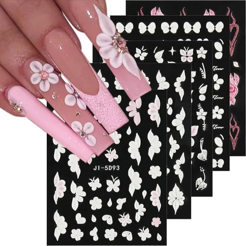 Vista 12 de Fcozpjk Calcomanías de uñas con lazo en relieve 5D, 5 hojas autoadhesivas de cintas rosas y blancas, arte de uñas para el día de San Valentín, dijes