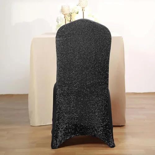 Vista 2 de Tableclothsfactory Funda elástica para silla de banquete de elastano negro con brillo metálico para eventos de comedor para banquete de boda