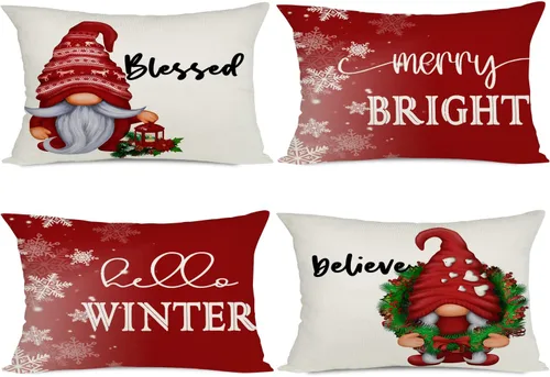 Vista 10 de Artmag Juego de 4 fundas de almohada de Navidad de 16 x 16 pulgadas, decoración de casa de campo Hello Winter Gnomes Merry Bright fundas de almohada