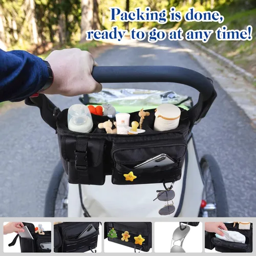 Vista 2 de Organizador de cochecito con portavasos aislado, organizador universal para cochecito de bebé, bolsillos con cremallera para teléfono, correas