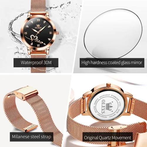 Vista 6 de OLEVS Relojes para mujer, correa de malla de oro rosa, vestido de moda, cuarzo japonés, impermeable, luminoso, para mujer, conjunto de pulseras
