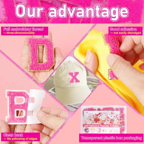 Vista 3 de KINGSOW Parches de letras autoadhesivas rosa: parche bordado de chenilla con letras estilo universitario