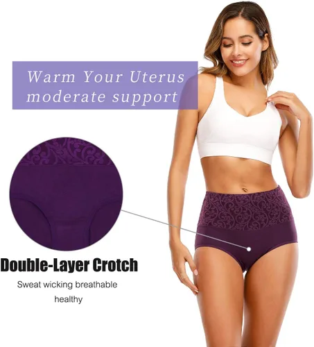 Vista 4 de Senllori Ropa interior de algodón para mujer, cintura alta, control de abdomen, bragas para mujer, talla grande, paquete múltiple