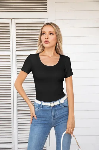 Vista 5 de VICHYIE Camisas de verano para mujer, cuello redondo, manga corta, acanaladas, ajustadas, casuales, básicas