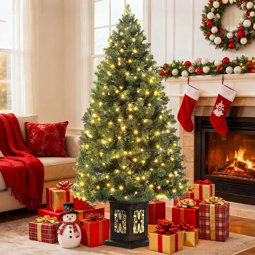Vista 4 de GarveeHome Árbol de Navidad artificial de fibra óptica de 4.5 pies, árbol de Navidad artificial en maceta preiluminado con 300 luces LED, 8 modos
