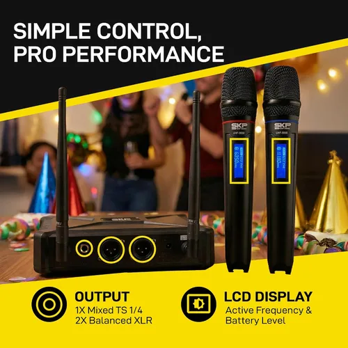 Vista 5 de SKP Pro Audio Sistema de micrófono inalámbrico UHF-300D - Micrófonos inalámbricos de mano dobles con baterías AA, rango de 200 pies, pantalla LCD