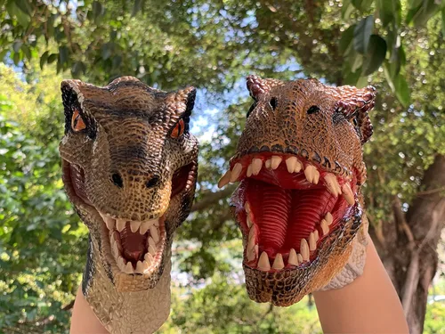 Vista 8 de Juguetes de dinosaurio, tiranosaurio Rex y velociraptor azul, marionetas de mano, juego de figuras de acción del mundo de dinosaurio, divertido