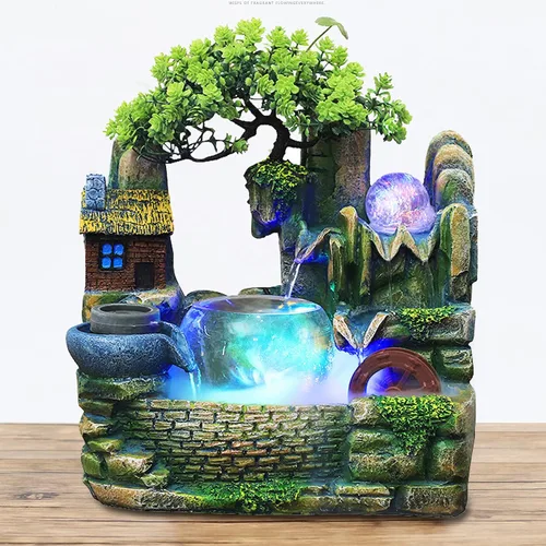 Vista 12 de Fuente de rocalla, fuente de agua de mesa, cascada china de escritorio Fengshui para interiores con lámpara LED efecto de atomización, adecuada