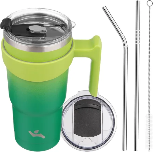 Vista 54 de Konokyo - Vaso de 10 onzas con asa y 2 popotes, 2 tapas, botella de agua aislada de acero inoxidable, taza de viaje reutilizable, color verde militar