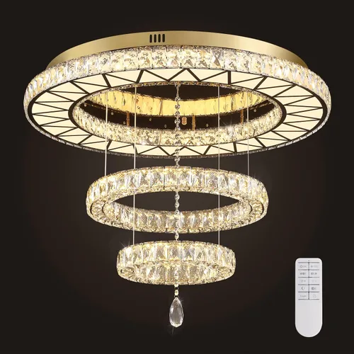 Vista 12 de Siljoy Moderna lámpara de araña de cristal, 6 anillos, lámpara de techo LED con 3 colores, lámpara de techo alto para sala de estar, comedor