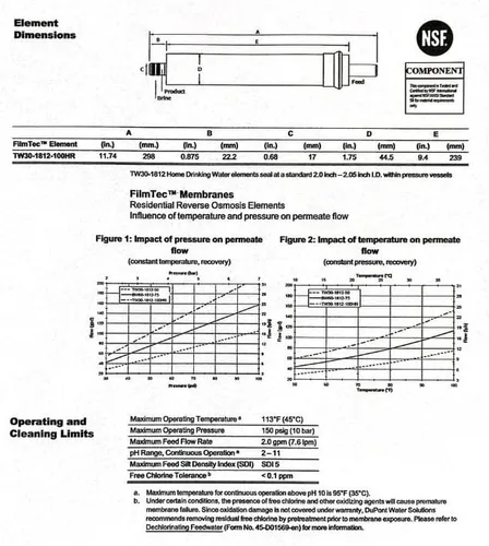 Vista 7 de Dow FilmTec, Membrana de rechazo TW30-1812-100HR 100 GPD TFC de alta para el sistema de ósmosis inversa (RO) de debajo del fregadero