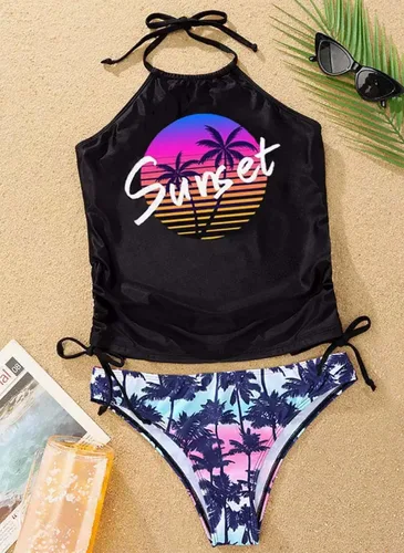 Vista 3 de Conjunto de tankini con cuello halter de árbol de coco para mujer, con tirantes ajustables, traje de baño de playa