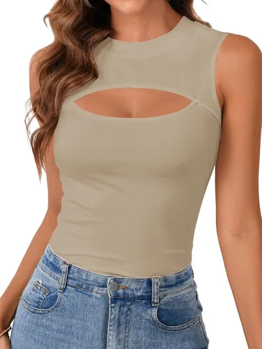 Vista 25 de Vrtige Camiseta sin mangas sexy con cuello redondo para mujer, de punto acanalado, sin mangas, ajustada