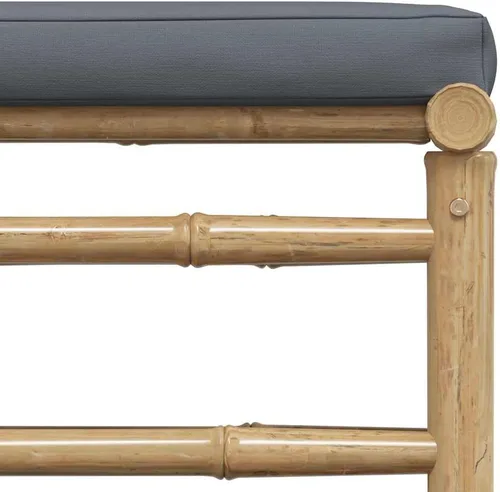 Vista 6 de vidaXL Juego de sala de patio de 3 piezas con elegantes cojines gris oscuro, muebles de exterior de bambú, sofá medio, reposapiés, mesa auxiliar