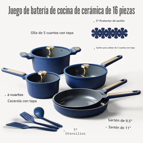 Vista 2 de CAROTE Juego de utensilios de cocina de cerámica, juego de ollas y sartenes antiadherentes de 16 piezas, juego de utensilios de cocina no tóxico