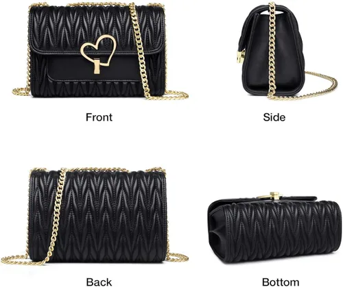 Vista 5 de LAORENTOU Bolso cruzado de piel de vacuno para mujer con correa de cadena bolsas acolchadas 0001 Negro