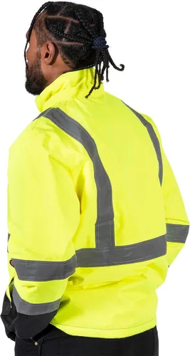 Vista 10 de Pioneer Hi Vis - Chaqueta impermeable de seguridad 2 en 1 para hombres y mujeres, se invierte a un acolchado negro, equipo impermeable reflectante