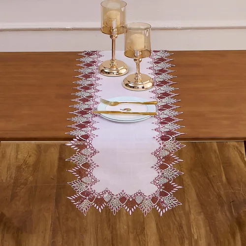 Vista 2 de Camino de mesa de lino de encaje rojo oscuro blanco de 36 pulgadas de largo, bufanda de aparador claret, decoración de mesa para Navidad, cocina
