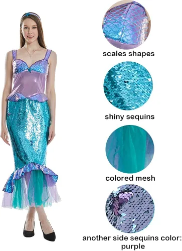 Vista 4 de ReneeCho Disfraz de sirena para mujer vestido de cola de sirena de Halloween disfraz de adulto