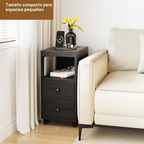 Vista 3 de Mesa auxiliar estrecha con estación de carga y ruedas, mesa auxiliar de sofá estrecha móvil con puertos USB y salidas para espacio pequeño, sala