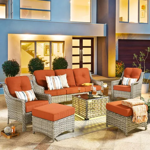 Vista 86 de HOOOWOOO Sofá de patio de 3 plazas de mimbre para exteriores, resistente a todo tipo de clima, con respaldo alto, muebles a juego (beige y bronceado)