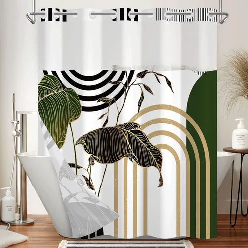 Vista 38 de No Hook Geometric Shower Curtain with Snap in Liner - 71″W x 74″L Waterproof Fabric with Mesh Top Window, Modern Abstract Triangle Design Bath