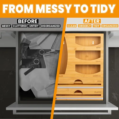 Vista 4 de T3-R Organizador de envoltura de bambú, dispensador 6 en 1 con cortador para bolsas de sándwich, papel de aluminio, papel encerado y envoltura