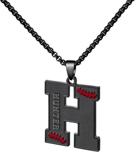 Vista 32 de Ldurian Collar personalizado con nombre de béisbol, cadena negra de acero inoxidable, collar con nombre deportivo, letra A-Z de 24 pulgadas, regalos
