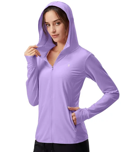 Vista 23 de Soothfeel Chaqueta con capucha y protección solar UPF 50+ para mujer, ligera, de manga larga, con bolsillo, para senderismo al aire libre d-celeste