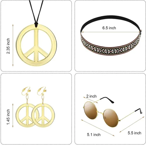 Vista 3 de Unittype Disfraz hippie de los años 60 y 70 para mujer, pantalón bohemio, acampanado, con signo de la paz, aretes para fiesta de cosplay, Poliéster