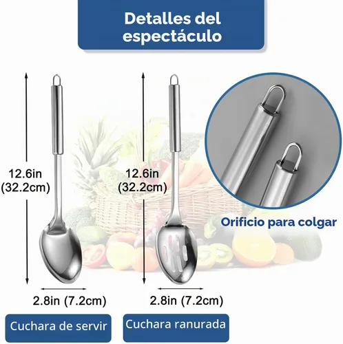 Vista 8 de Juego de 2 cucharas de cocina grandes, cuchara de servir de acero inoxidable y cuchara ranurada para cocinar, cucharas largas resistentes al calor