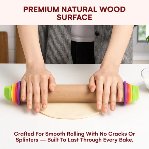 Vista 3 de Kitchtic Rodillo con anillos de grosor – Rodillo de madera ajustable – Herramienta esencial para hornear y rodillo – Grosor consistente – Fácil