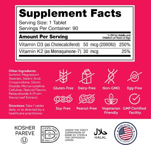 Vista 6 de Zahler - Tabletas masticables de Vitamina D3 + K2 Junior para niños Vitamina D para niños 2000 IU Gomitas deliciosas de Vitamina D K2