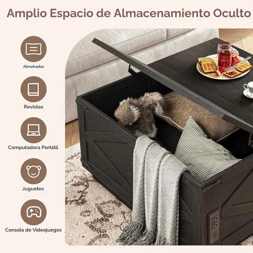 Vista 6 de Jocoevol Mesa auxiliar con tapa elevable, mesa central cuadrada de madera con iluminación LED, estación de carga USB-C y compartimento