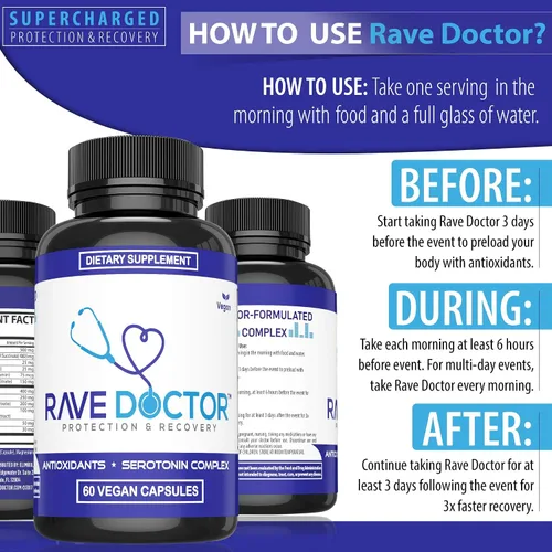 Vista 3 de Suplemento Rave Doctor 5 HTP - Vitaminas Esenciales de Rave para Asistentes a Festivales, Accesorios de Rave, Esenciales de Festival, Equipo