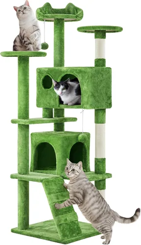 Vista 32 de Yaheetech - Torre de árbol para gatos de 62 pulgadas, torre para gatitos de interior, muebles para mascotas con doble refugio, postes para rascar