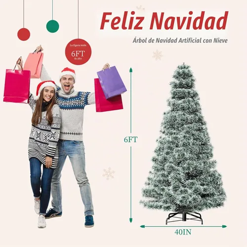 Vista 5 de Sweetcrispy Árbol de Navidad Artificial Preiluminado con Nieve Artificial de 6 pies, Árbol de Navidad de Abeto Artificial con Bisagras Preiluminado