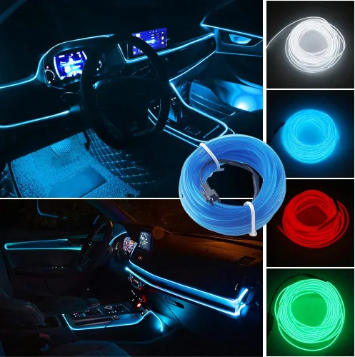 Vista 4 de Cable electroluminiscente de luz de neón de 16 pies y 12 V con protección de fusible para decoración interior de automóvil con borde de costura